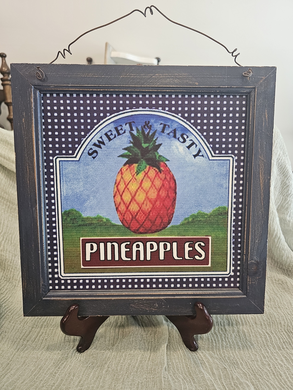 Vintage Framed Hanging Wood Wall Art Polka Dots And Pineapple Print